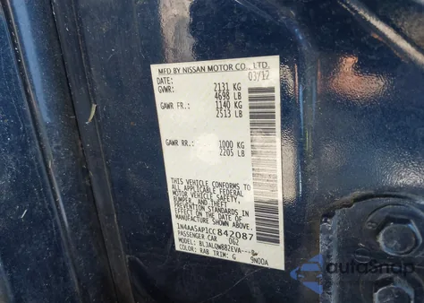 2012 Nissan Maxima 3.5 S z USA, uszkodzony, nr VIN 1N4AA5AP1CC842087